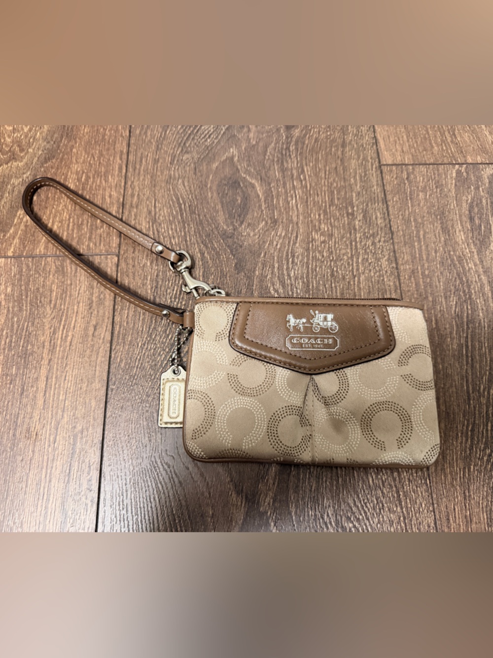 Coach Beige and Brown Signature Wristlet Wallet